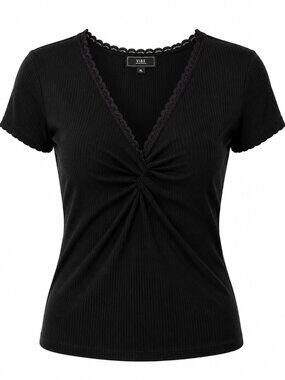 VIBE Women’s XL Ribbed Twist Front Lace Trim Top Black Short Sleeve Size XL